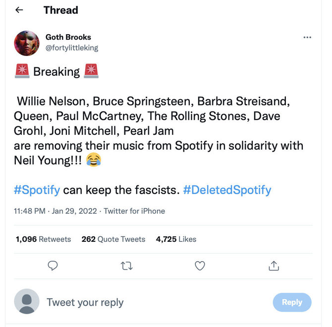 Ekrano nuotr. iš „Twitter“/Socialiniuose tinkluose ėmė plisti žinia, esą daugiau atlikėjų prašys ištrinti jų kūrinius iš „Spotify“, bet ne visi tai ketina padaryti