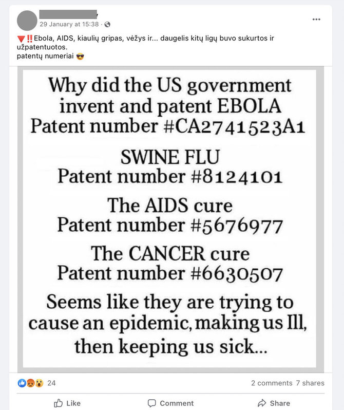 Ekrano nuotr. iš „Facebook“/Socialiniuose tinkluose platinama žinutė, esą kai kurios ligos buvo sukurtos žmogaus ir net užpatentuotos
