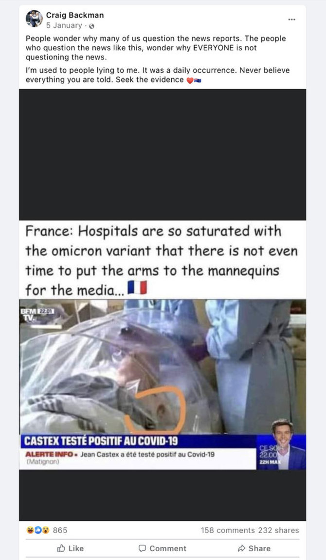 Ekrano nuotr. iš „Facebook“/Socialiniuose tinkluose dalijamasi įrašu apie tariamai manekenus vietoj ligonių „gydančius“ Prancūzijos medikus