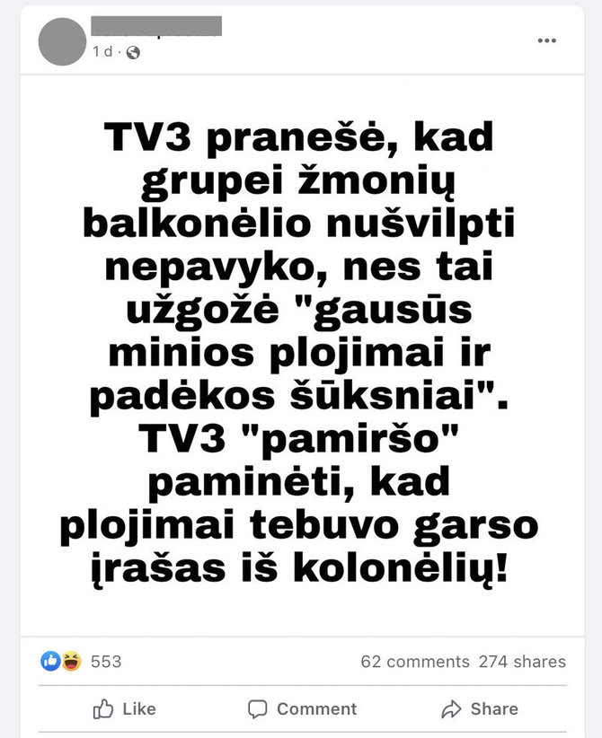 Ekrano nuotr. iš „Facebook“/Socialiniuose tinkluose plinta įrašai, esą per renginį prie Signatarų namų skambėjo įrašyti plojimai 