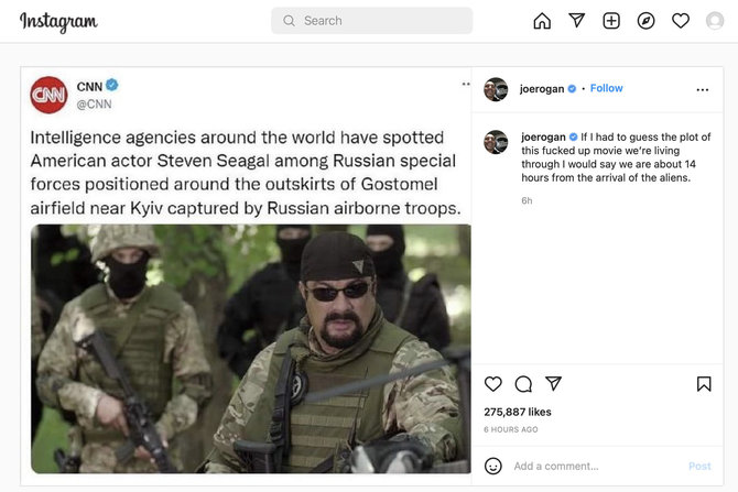 Ekrano nuotr. iš „Instagram“/Tariamai Ukrainoje kariaujančio aktoriaus Steveno Seagalo nuotrauką ėmė platinti žinomas sąmokslo teorijų skleidėjas Joe Roganas