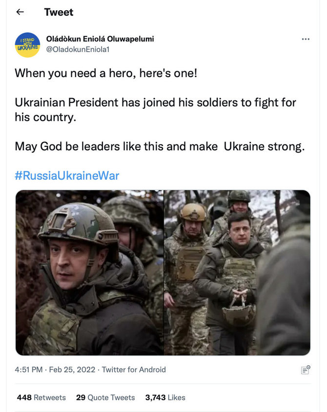 Ekrano nuotr. iš „Twitter“/Socialiniuose tinkluose plinta melagiena, esą Ukrainos prezidentas Volodymyras Zelenskis prisijungė prie savo šalies karių