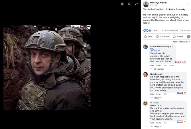Ekrano nuotr. iš „Facebook“/Socialiniuose tinkluose plinta melagiena, esą Ukrainos prezidentas Volodymyras Zelenskis prisijungė prie savo šalies karių