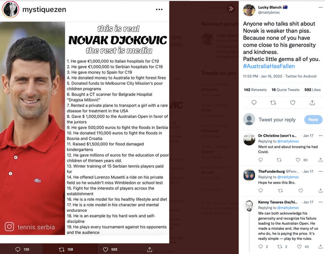 Ekrano nuotr. iš „Twitter“/Nuo COVID-19 nepasiskiepijusio ir dėl to į Australiją neįleisto Novako Džokovičiaus gerbėjai jo įvaizdį taiso priminimu apie labdaringą veiklą