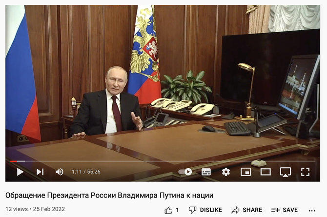 Ekrano nuotr. iš „YouTube“/Vladimiro Putino kreipimasis į gyventojus vasario 21-ąją