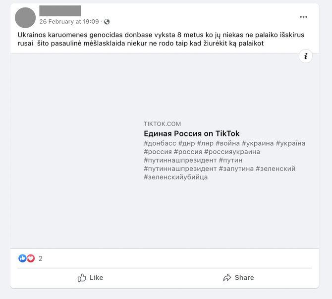 Ekrano nuotr. iš „Facebook“/Socialinių tinklų vartotojai atkartoja Rusijos pareigūnų kaltinimus Ukrainai genocidu