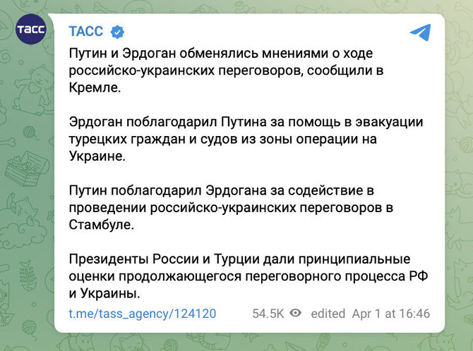 Ekrano nuotr. iš „Telegram“/Turkijos ir Rusijos apsikeitė padėkomis dėl piliečių evakuacijos ir derybų surengimo
