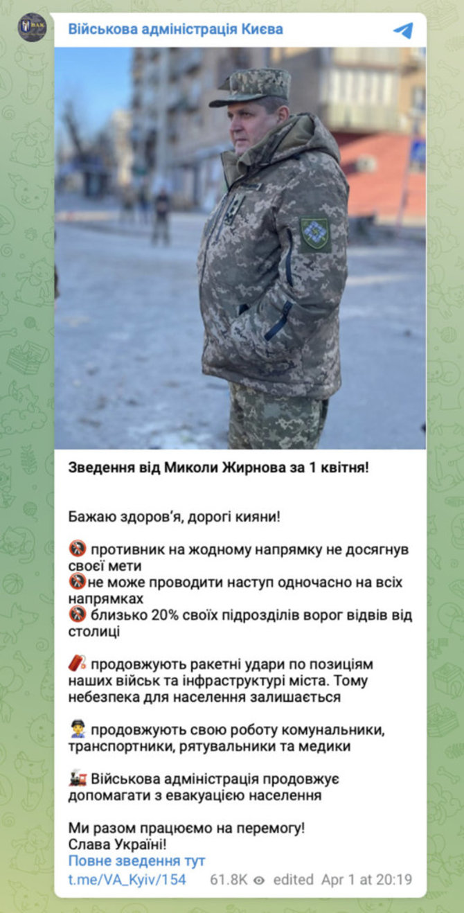 Ekrano nuotr. iš „Telegram“/Kyjivo karinės administracijos vadovas Mykola Žirnovas pranešė, kad Rusija nuo sostinės atitraukė penktadalį karių