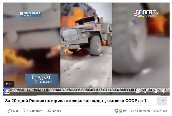Ekrano nuotr. iš „Facebook“/Prie vaizdo įrašo nurodyta, kad Rusija tiek karių, kiek sovietai Afganistane, neteko per 20 karo Ukrainoje dienų