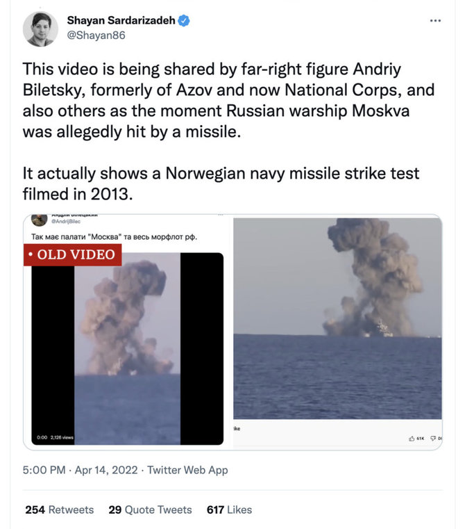 Ekrano nuotr. iš „Twitter“/Dėl vaizdo įrašo, kuriame matyti ne „Moskva“, o senas laivo susprogdinimas, priekaištų sulaukė „Azovo“ bataliono įkūrėjas Andrijus Bileckis