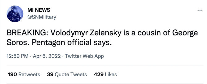 Ekrano nuotr. iš „Twitter“/Socialiniuose tinkluose platinama melagiena, esą Volodymyras Zelenskis ir George'as Sorosas yra pusbroliai