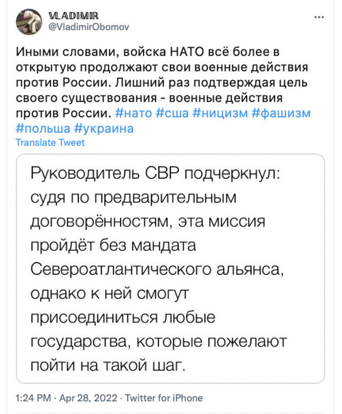 Ekrano nuotr. iš „Twitter“/„Twitter“ vartotojas tvirtina, esą NATO vis atviriau tęsia karinius veiksmus prieš Rusiją