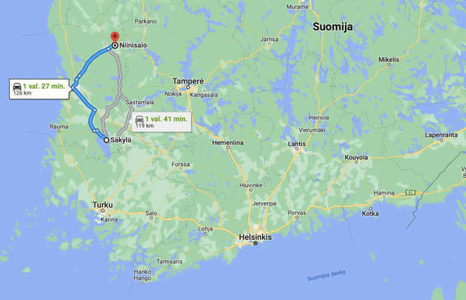 Ekrano nuotr. iš maps.google.lt/Pratybos, į kurias buvo vežami tankai, vyko Suomijos vakaruose, siena su Rusija yra priešingoje šalies pusėje
