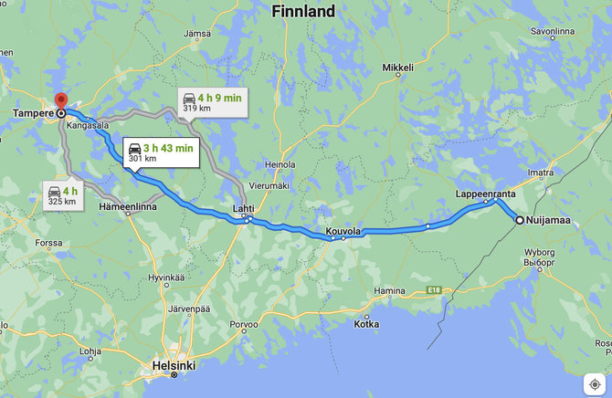 Ekrano nuotr. iš maps.google.lt/Nuo Tamperės, kur buvo nufilmuoti geležinkeliu vežami tankai, iki sienos su Rusija – maždaug 300 km