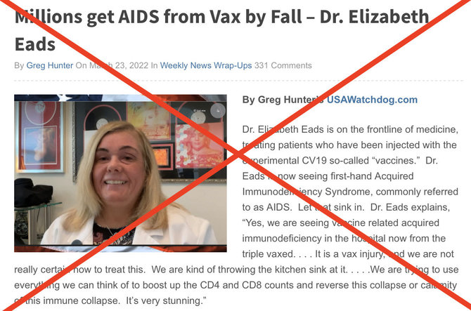 Ekrano nuotr. iš USAWatchdog.com/Osteopatės licenciją turinti dr. Elizabeth Eads aiškina, esą skiepijantis nuo COVID-19 galima susirgti AIDS