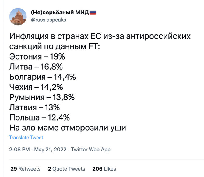 Ekrano nuotr. iš „Twitter“/Rado infliacijos Europos Sąjungoje priežastį - jos taikomos sankcijos Rusijai