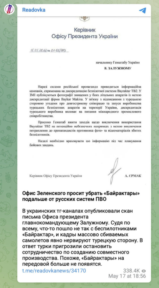 Ekrano nuotr. iš „Telegram“/Tariamai Ukrainos prezidento kanceliarijos vadovo Andrijaus Jermako pasirašyto rašto kopija pasirodė šiame „Telegram“ kanale