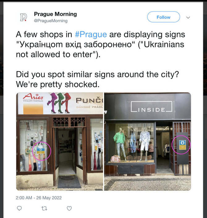 Ekrano nuotr. iš „Twitter“/„Prague Morning“ vieni pirmųjų pranešė apie tariamą draudimą ukrainiečiams lankytis parduotuvėse