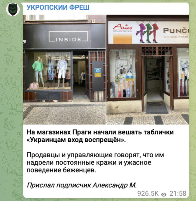 Ekrano nuotr. iš „Telegram“/Melagiena, esą ukrainiečiams lankytis Prahos parduotuvėse, greičiausiai pasirodė šiame „Telegram“ kanale