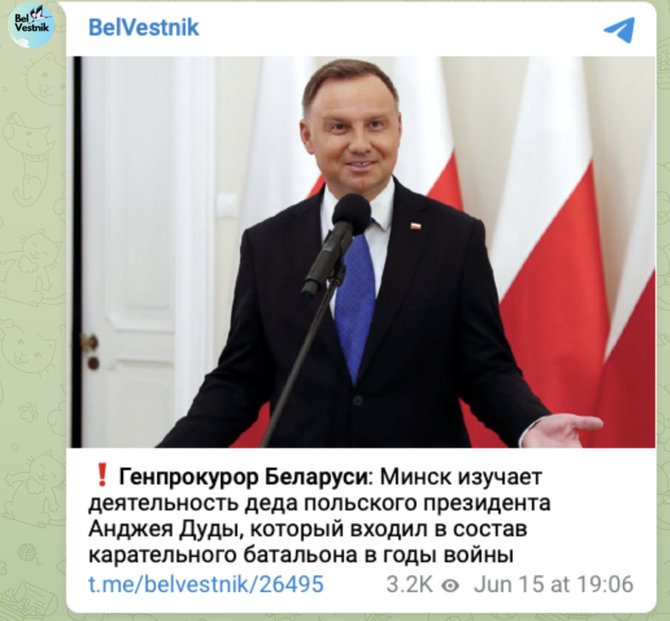 Ekrano nuotr. iš „Telegram“/Internete nepaliauja plisti melagiena, esą Lenkijos vadovo Andrzejaus Dudos senelis buvo ukrainietis