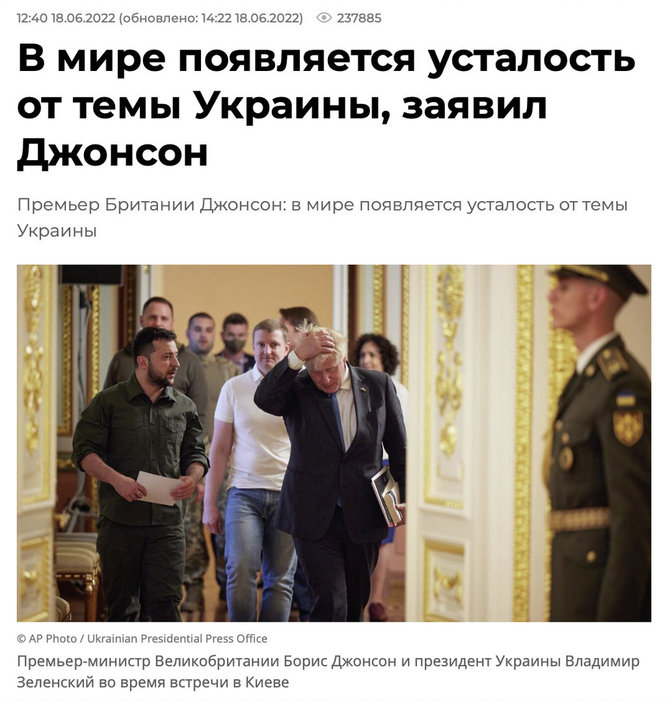 Ekrano nuotr. iš ria.ru/Rusijos žiniasklaida užsikabino už Jungtinės Karalystės premjero Boriso Johnsono įspėjimo „nepavargti“ nuo karo Ukrainoje