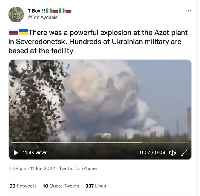 Ekrano nuotr. iš „Twitter“/Socialiniuose tinkluose platinama tariamai birželio 11 d. Sjevjerodonecko chemijos gamykloje „Azot“ nugriaudėjusio sprogimo vaizdas