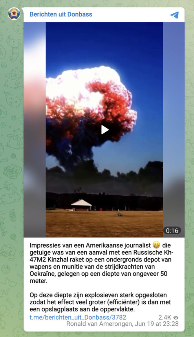 Ekrano nuotr. iš „Telegram“/Tariamai Rusijos raketos „Kinžal“ sprogimas