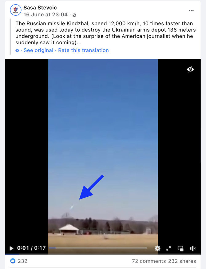 Ekrano nuotr. iš „Facebook“/Tariamai Rusijos raketos „Kinžal“ sprogimas (rodykle pažymėta kompiuteriu sukurta bomba)