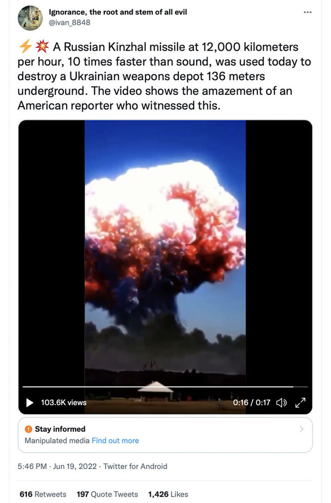 Ekrano nuotr. iš „Twitter“/Tariamai Rusijos raketos „Kinžal“ sprogimas