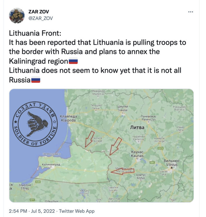 Internete pasirodė žemėlapis, tariamai rodantis, kaip Lietuva ruošiasi atakuoti Kaliningrado sritį