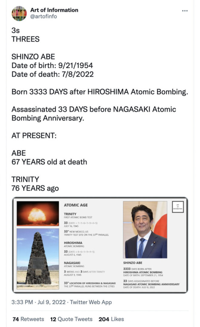 Ekrano nuotr. iš „Twitter“/Ne vienas internautas po Shinzo Abe nužudymo griebėsi numerologijos