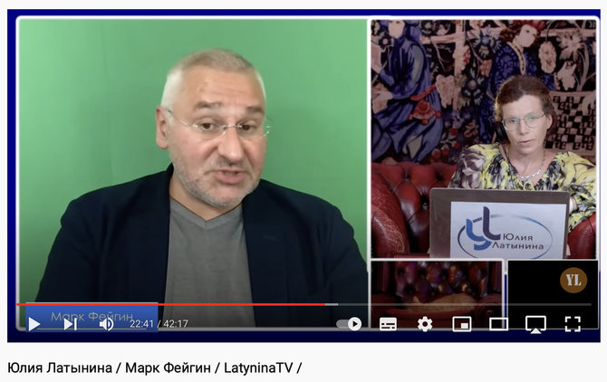 Ekrano nuotr. iš „YouTube“/Julija Latynina nustebo iš Marko Feigino išgirdusi, kad Lietuva uždarė Taivaniečių atstovybę