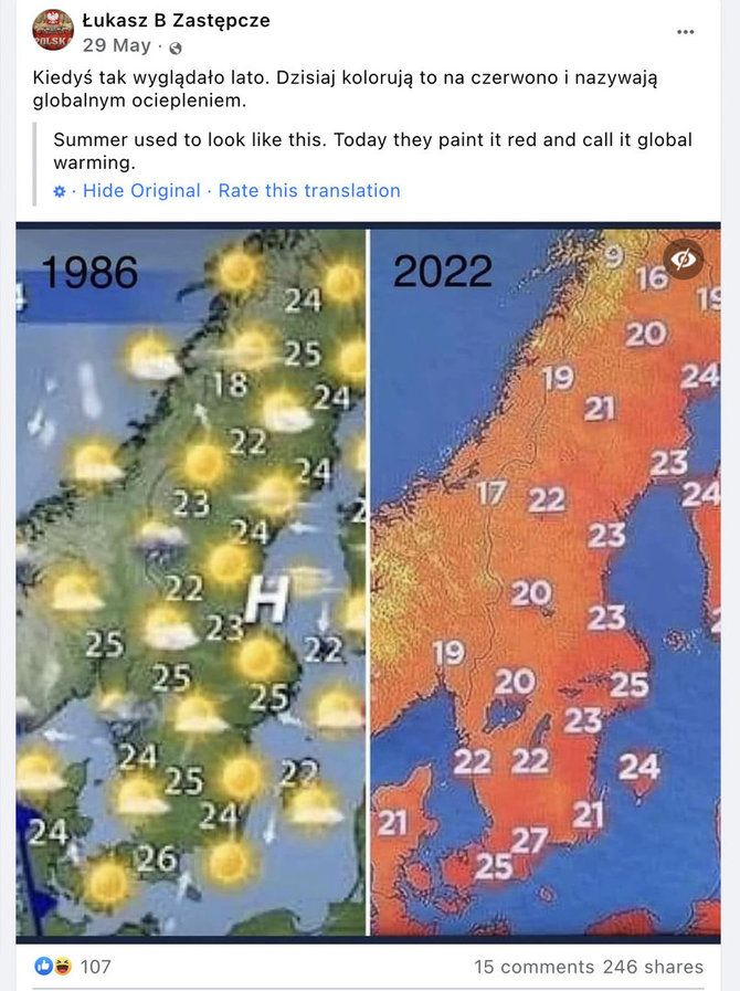 Ekrano nuotr. iš „Facebook“/Socialiniuose tinkluose platinami žemėlapiai, tariamai rodantys, kad Švedijoje per beveik keturis dešimtmečius tapo vėsiau