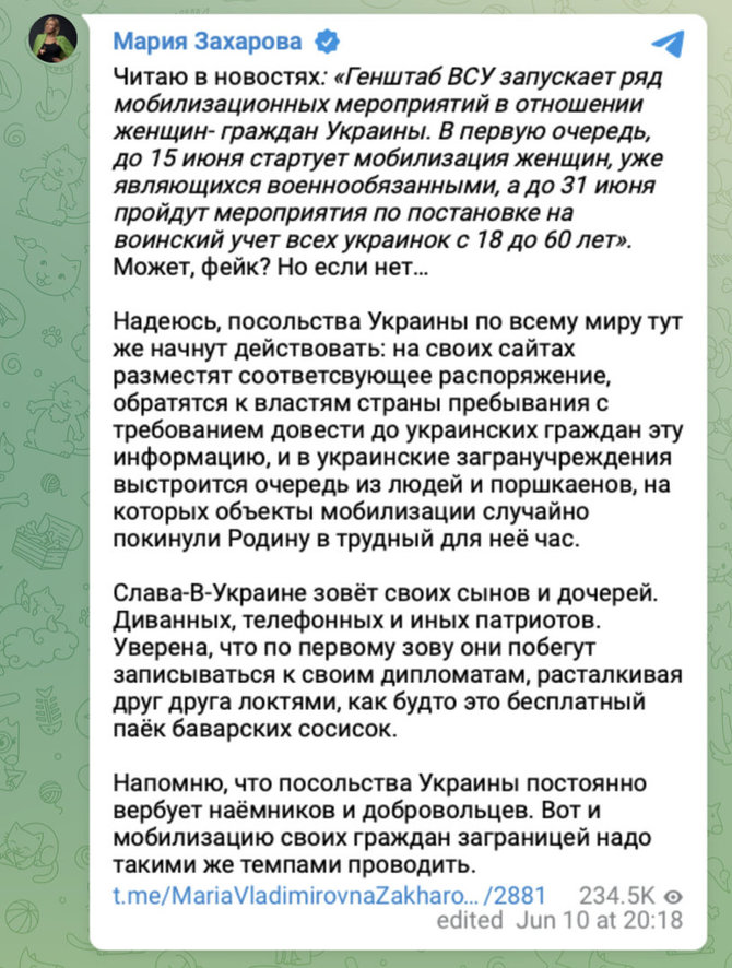 Ekrano nuotr. iš „Telegram“/Viena iš pirmųjų melagienos skleidėjų - Rusijos užsienio reikalų ministerijos atstovė spaudai Marija Zacharova