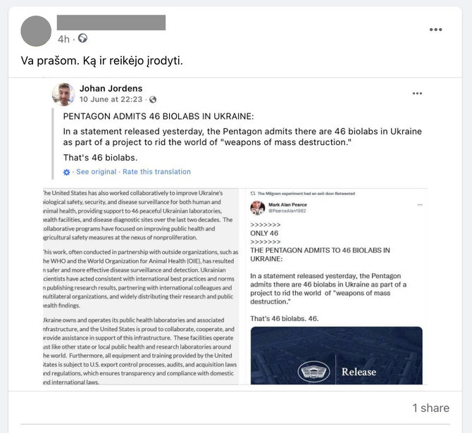 Ekrano nuotr. iš „Facebook“/JAV paskelbtas informacinis lapelis su sena informacija apie paramą Ukrainos laboratorijoms socialiniuose tinkluose tapo didele naujiena