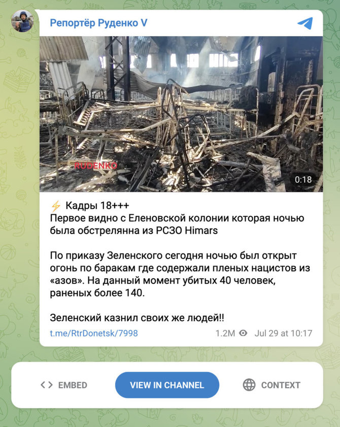 Ekrano nuotr. iš „Telegram“/Kad atakuota iš HIMARS, vienas pirmųjų pranešė žinomas propagandos skleidėjas Andrejus Rudenka