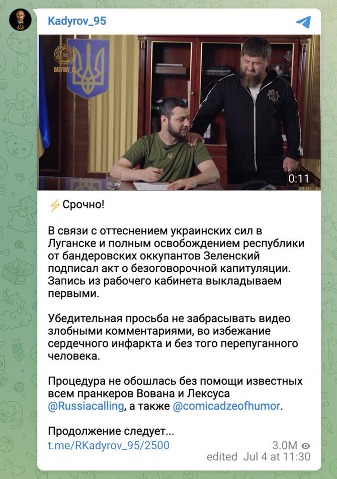 Ekrano nuotr. iš „Telegram“/Kartu su tariamu Volodymyru Zelenskiu nusifilmavo ir Ramzanas Kadyrovas