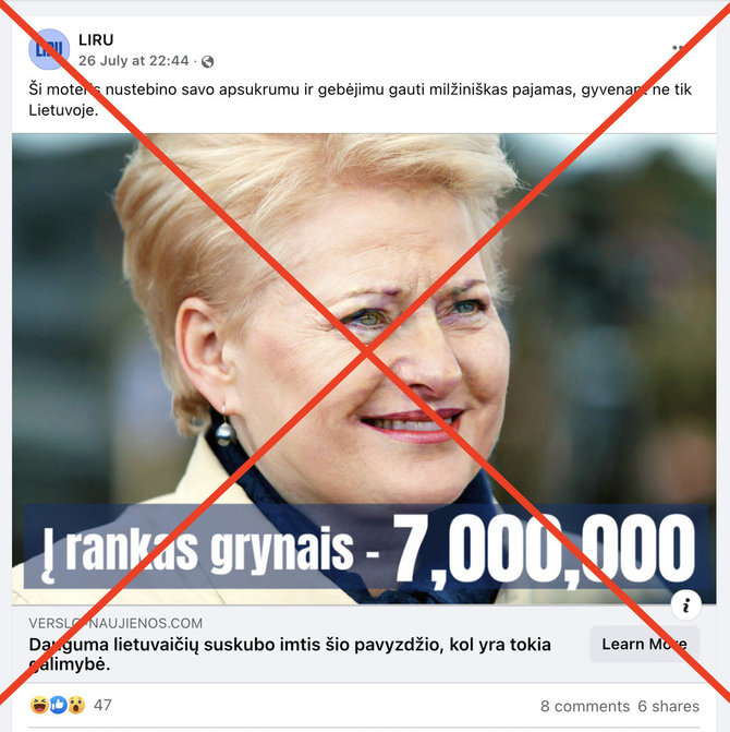 Ekrano nuotr. iš „Facebook“/Lengvatikiams privilioti panaudota kandenciją baigusios prezidentės Dalios Grybauskaitės nuotrauka