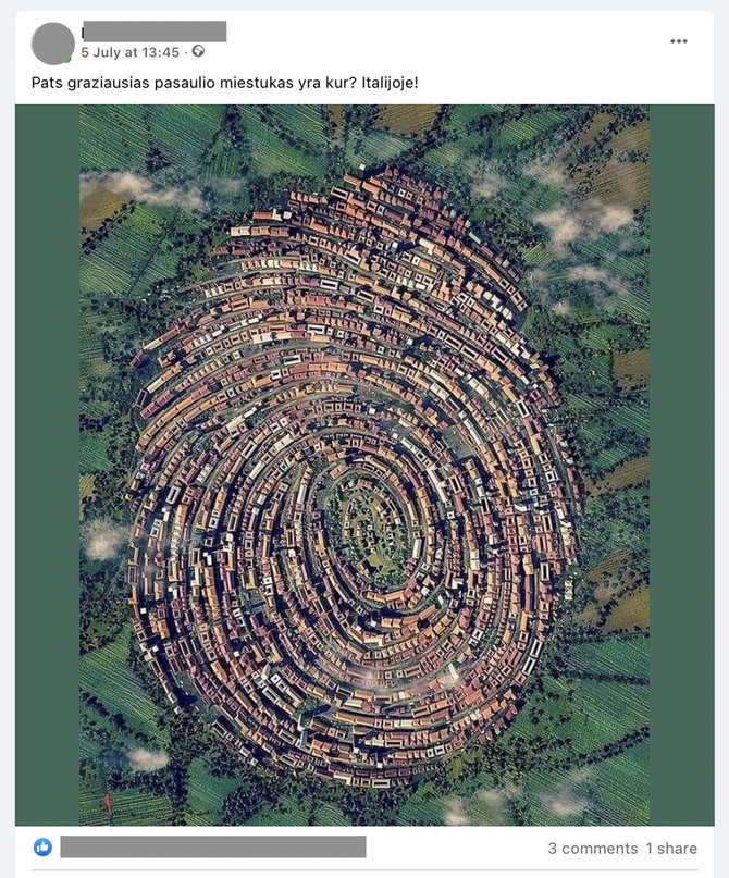 Ekrano nuotr. iš „Facebook“/Menininko kompiuteriu sukurtas paveikslas internete platinamas kaip kaimo vaizdas iš paukščio skrydžio