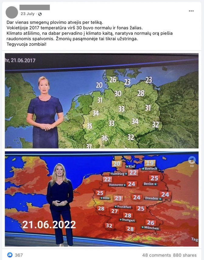 Ekrano nuotr. iš „Facebook“/Sugretinę du skirtingus žemėlapius, internautai įžvelgė manipuliaciją informacija apie klimato kaitą