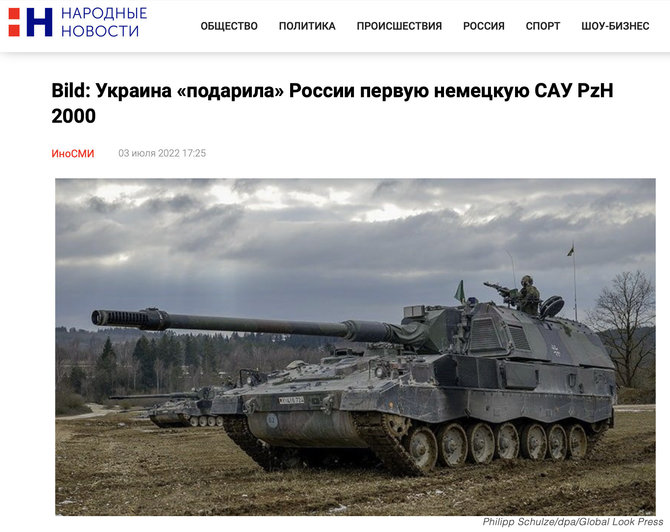 Ekrano nuotr. iš nation-news.ru/Žiną apie tariamai iš Ukrainos perimtą haubicą išplatino rusiški tinklalapiai, remdamiesi Vokietijos laikraščiu „Bild“