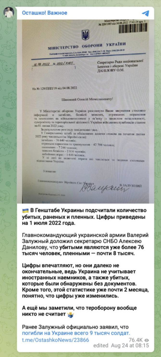 Ekrano nuotr. iš „Telegram“/Internete platinamas tariamai Ukrainos kariuomenės vado Valerijaus Zalužno pasirašytas „dokumentas“, kuriame nurodyta, kad jau žuvo mažiausiai 76 tūkst. jos karių
