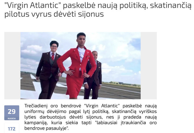 Ekrano nuotr. iš paranormal.lt/„Virgin Atlantic“ skrydžių personalo nariai vyrai nuo šiol gali pasirinkti, kurias uniformas rengtis, - priešingos lyties drabužiai neprivalomi