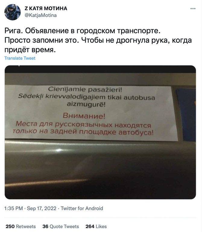 Ekrano nuotr. iš „Twitter“/Netikras nurodymas rusakalbiams sėsti į autobuso galą paplito socialiniuose tinkluose