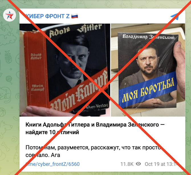 Ekrano nuotr. iš „Telegram“/Socialiniuose tinkluose platinama Volodymyro Zelenskio knygos nuotrauka ir ji lyginama su Adolfo Hitlerio kūryba, tačiau tokios knygos nėra