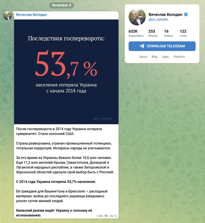 Ekrano nuotr. iš „Telegram“/Klaidinantį įrašą paskelbė Rusijos Valstybės Dūmos pirmininkas Viačeslavas Volodinas