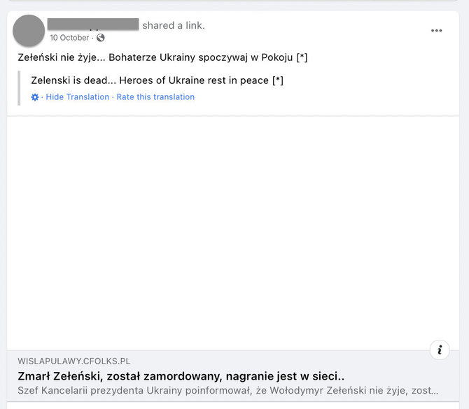 Ekrano nuotr. iš „Facebook“/Straipsnių apie tariamą Volodymyro Zelenskio žūtį nebėra