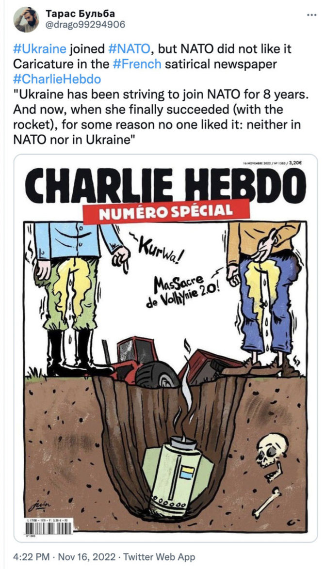 Ekrano nuotr. iš „Twitter“/Komentaruose prie karikatūros sutartinai tvirtinama, esą raketą į Lenkijos pusę paleido Ukrainos kariai