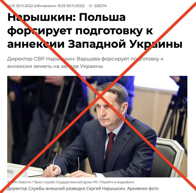Ekrano nuotr. iš ria.ru/Rusijos žvalgybos vadas Sergejus Naryškinas jau ne pirmą kartą pasakoja apie tariamus Lenkijos planus prisijungti dalį Ukrainos teritorijos
