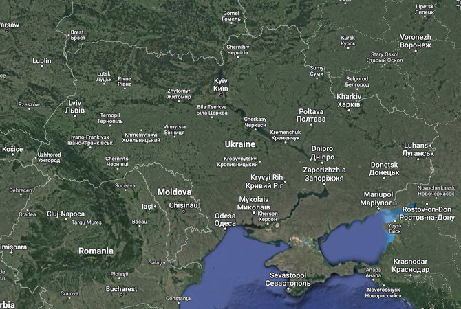 Ekrano nuotr. iš google.com/maps/Aneksuoti regionai pasaulio žemėlapiuose aiškiai priskiriami Ukrainos teritorijai, net ir Krymo pusiasalis atskiras tik punktyrine linija